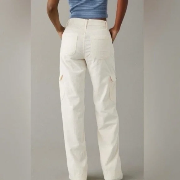 American Eagle Super High Rise Baggy Wide Leg Corduroy Pants Cream 12R - Picture 2 of 8